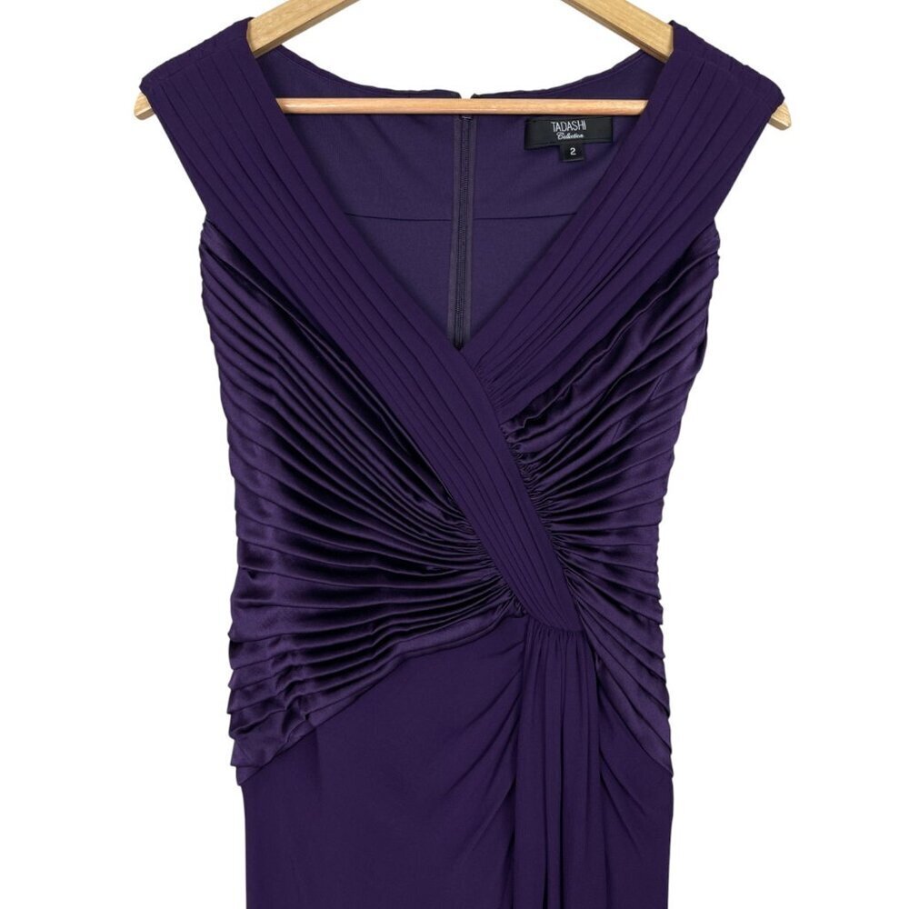 TADASHI COLLECTION PURPLE SILK CHIFFON V-NECK PLEATED GOWN - Picture 3 of 10